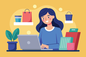 A woman is shopping online using a laptop, A woman shops online using a laptop, Simple and minimalist flat Vector Illustration