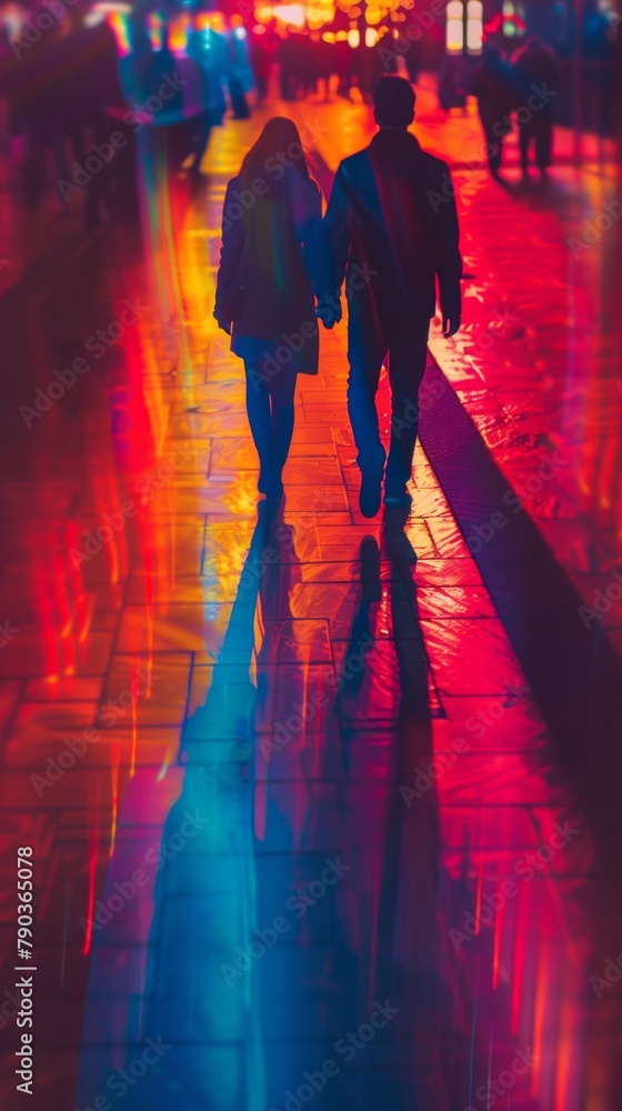 Canvas Prints A couple walking down a street at night with colorful lights, AI