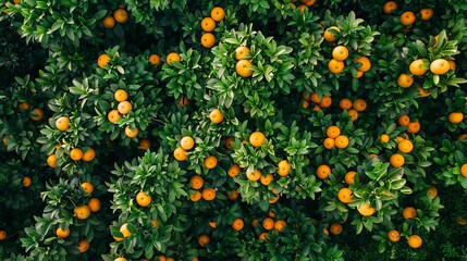 Aerial top view of orange fruit trees in forest. Drone view of dense orange tree captures CO2. Orange tree nature background for carbon neutrality and net zero emissions concept.  - obrazy, fototapety, plakaty