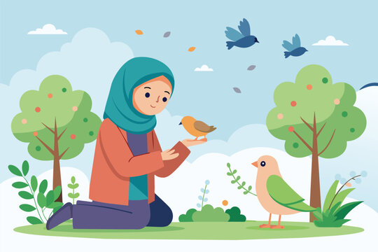Young Muslim girl sitting on ground feeding a bird in a park, A young Muslim girl feeding birds in the park, Simple and minimalist flat Vector Illustration
