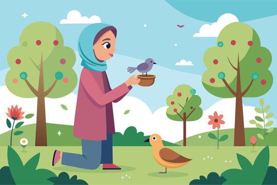 Young Muslim woman feeding a bird in a park setting, A young Muslim girl feeding birds in the park, Simple and minimalist flat Vector Illustration
