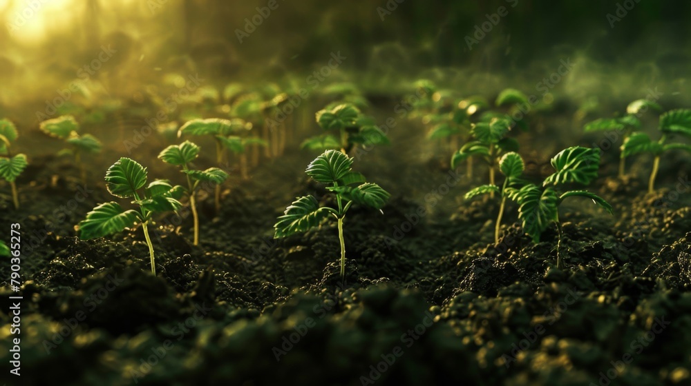 Poster seeding are growing in the soil and light of the sun, planting trees to reduce global warming.