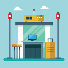 A desk holding a computer on top, Airport security checkpoint airline, Simple and minimalist flat Vector Illustration - obrazy, fototapety, plakaty