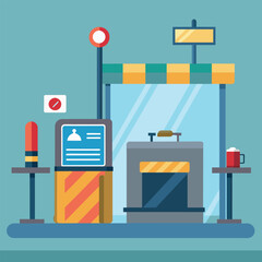 Illustration of a gas station with a check-in machine at the service counter, Airport security checkpoint airline, Simple and minimalist flat Vector Illustration - obrazy, fototapety, plakaty