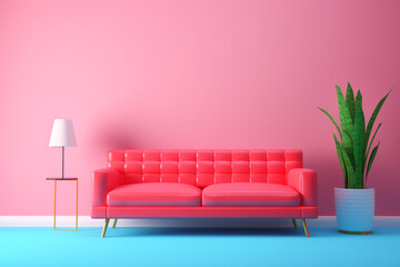 Red leather luxury sofa for modern living room. A red and pink sofa in a room with blue walls, suitable for interior design concepts. Modern couch