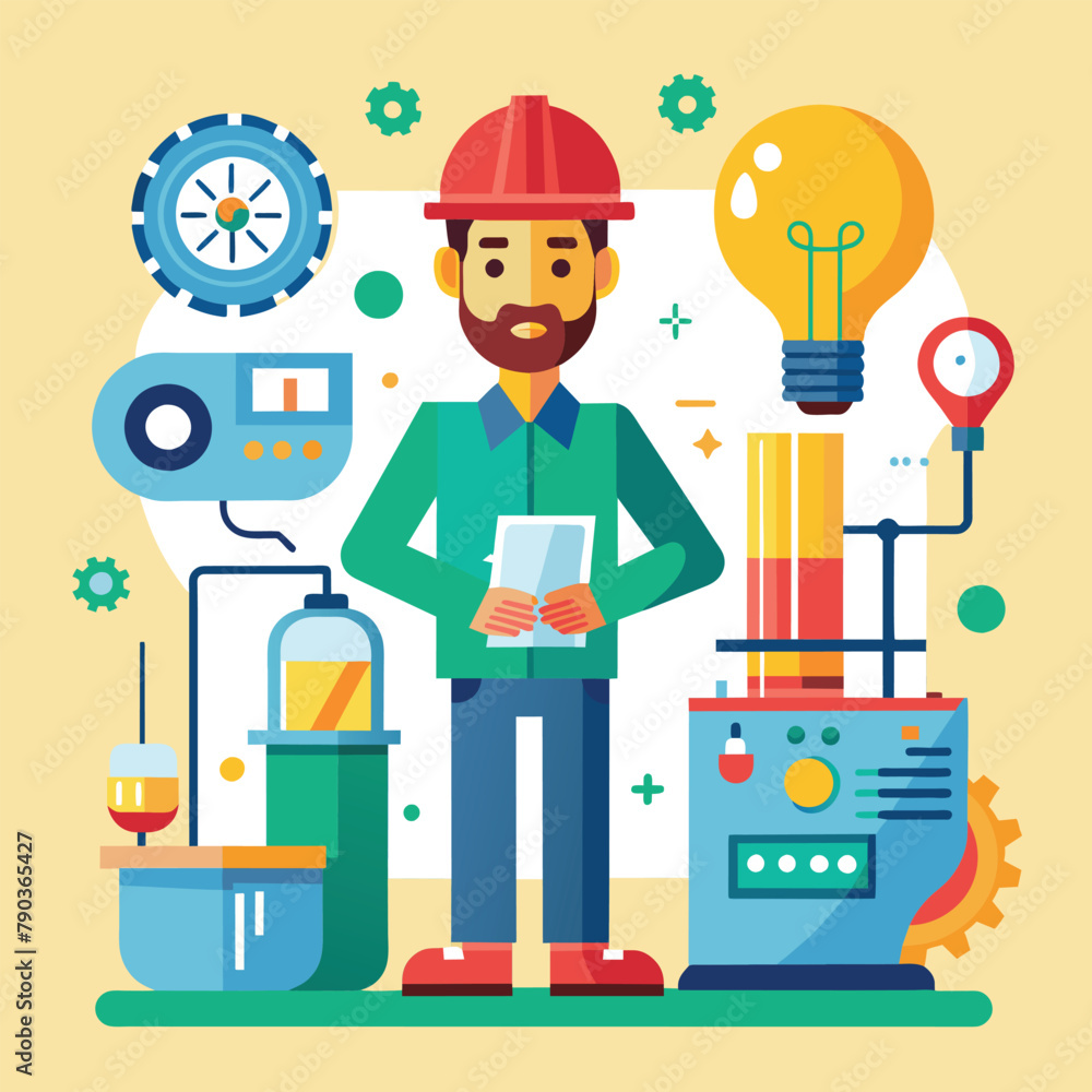 Poster engineer standing by machine with light bulb, an engineer are maintaining machines, providing ideas 