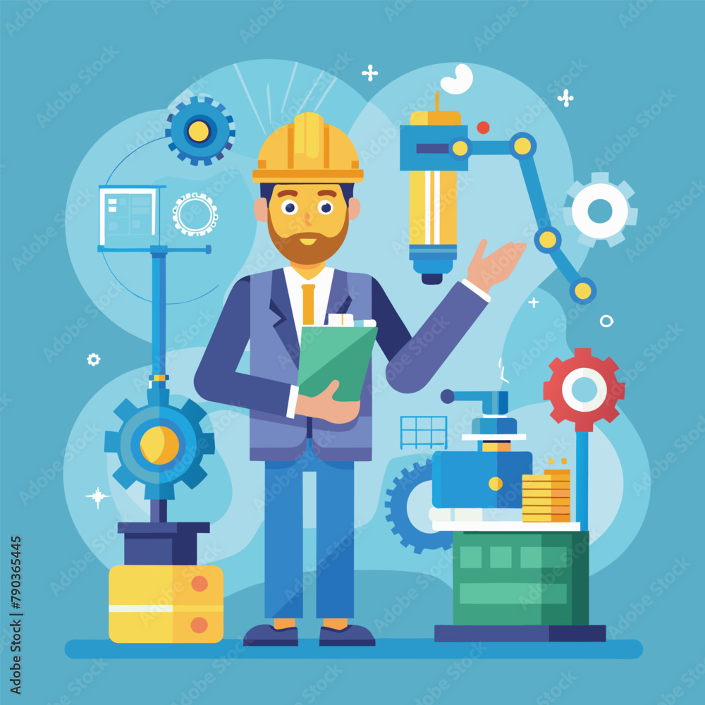 Poster engineer checking machine with clipboard, an engineer are maintaining machines, providing ideas and 