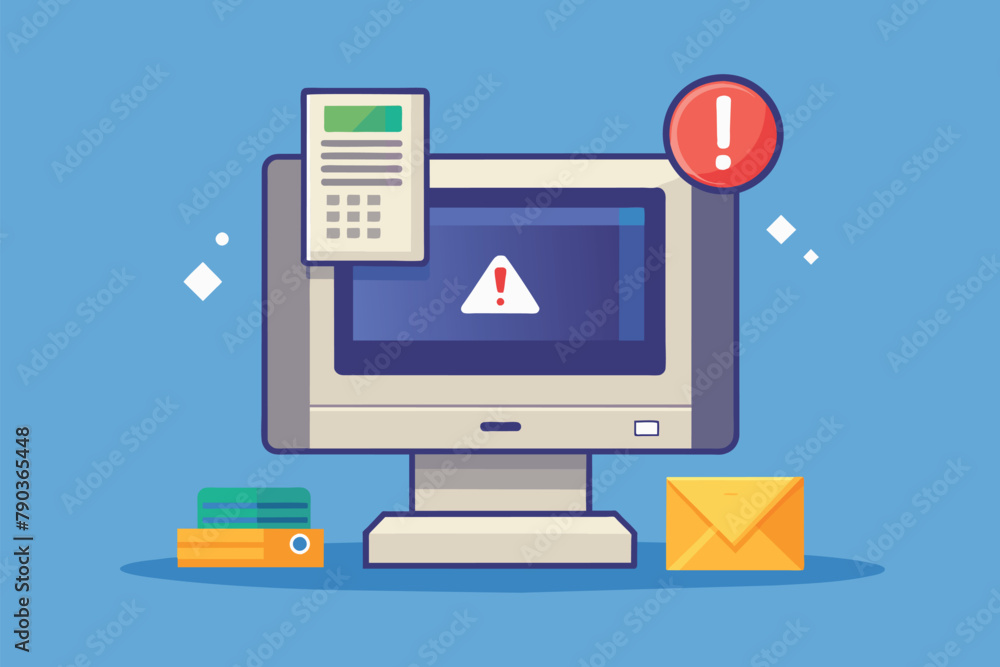 Poster a computer monitor displaying an error message with a red button on top, an error occurred in the co