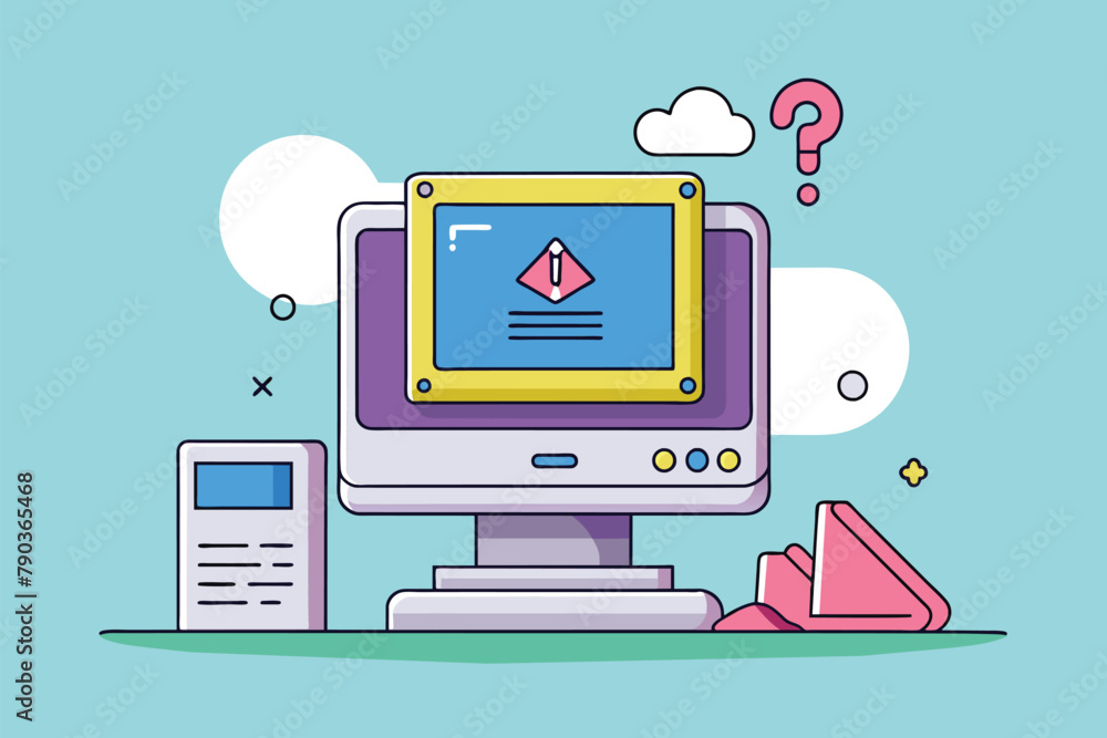 Poster a computer screen showing a question mark symbol, indicating an error or issue, an error occurred in