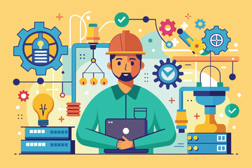 Engineer Examining Machinery With Laptop, An engineer are maintaining machines, providing ideas and solutions, Simple and minimalist flat Vector Illustration
