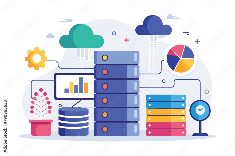 Poster several data stacks piled up neatly on a white background, representing organized big data storage, 