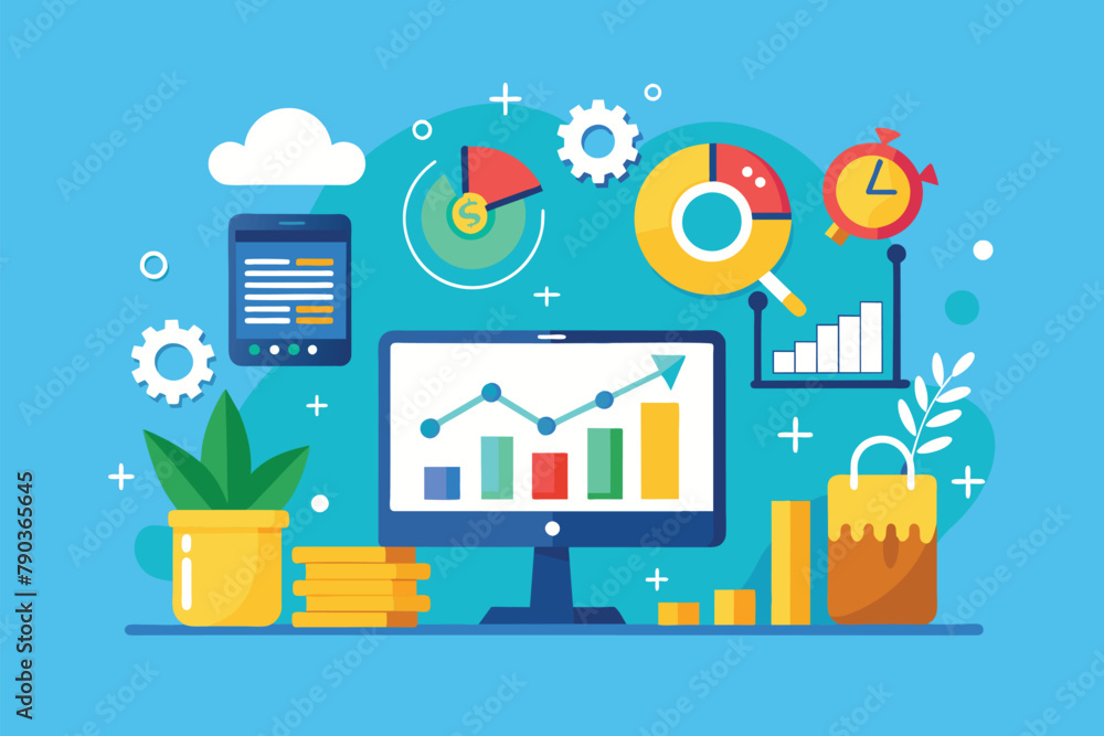 Poster computer screen surrounded by various items for analyzing business development data and income, anal