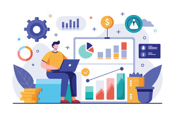 Man Sitting on Desk With Laptop, analysis of business development data and income, Simple and minimalist flat Vector Illustration