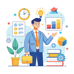 Man Standing in Front of Desk With Light Bulb, Analysis of business project preparation, Simple and minimalist flat Vector Illustration
