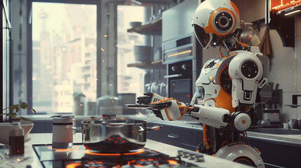 Futuristic Culinary Assistance: Robots Cooking in Modern Kitchens - obrazy, fototapety, plakaty