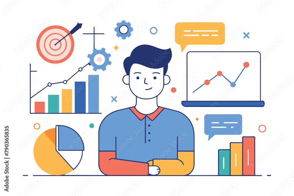 Poster a man sitting in front of a computer screen, analyzing data and time targets, analyst data and time 