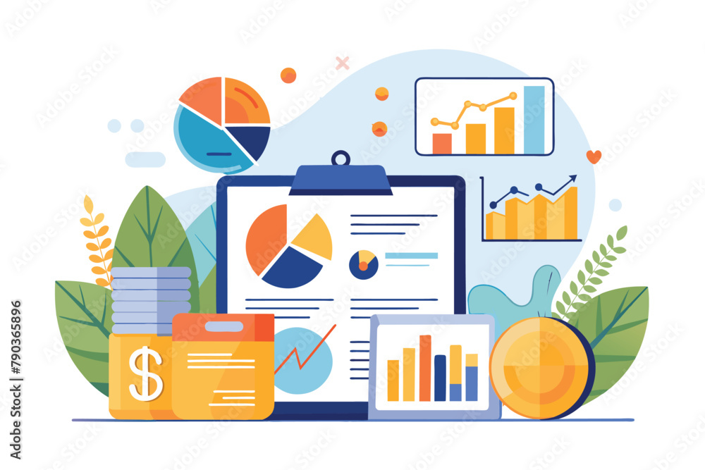 Poster clipboard with graphs and calculator, analytics marketing metrics data analysis financial audit conc