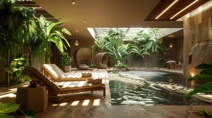 Fototapeta premium A pool surrounded by lounge chairs and many potted plants.
