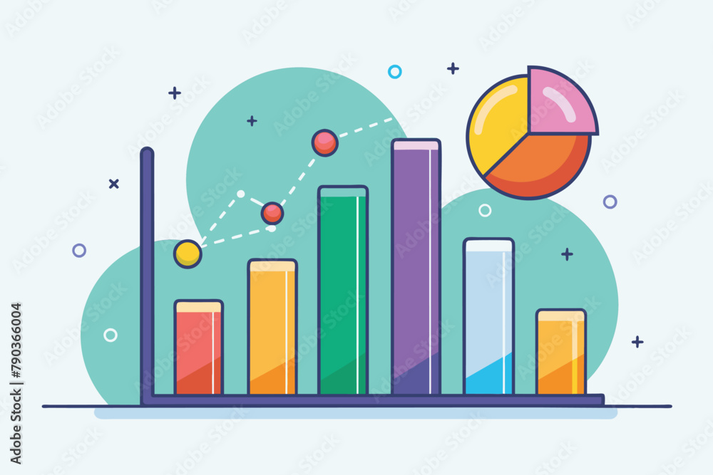 Poster a bar graph showing data trends with a pie chart overlaid for comparison and analysis, analyze graph