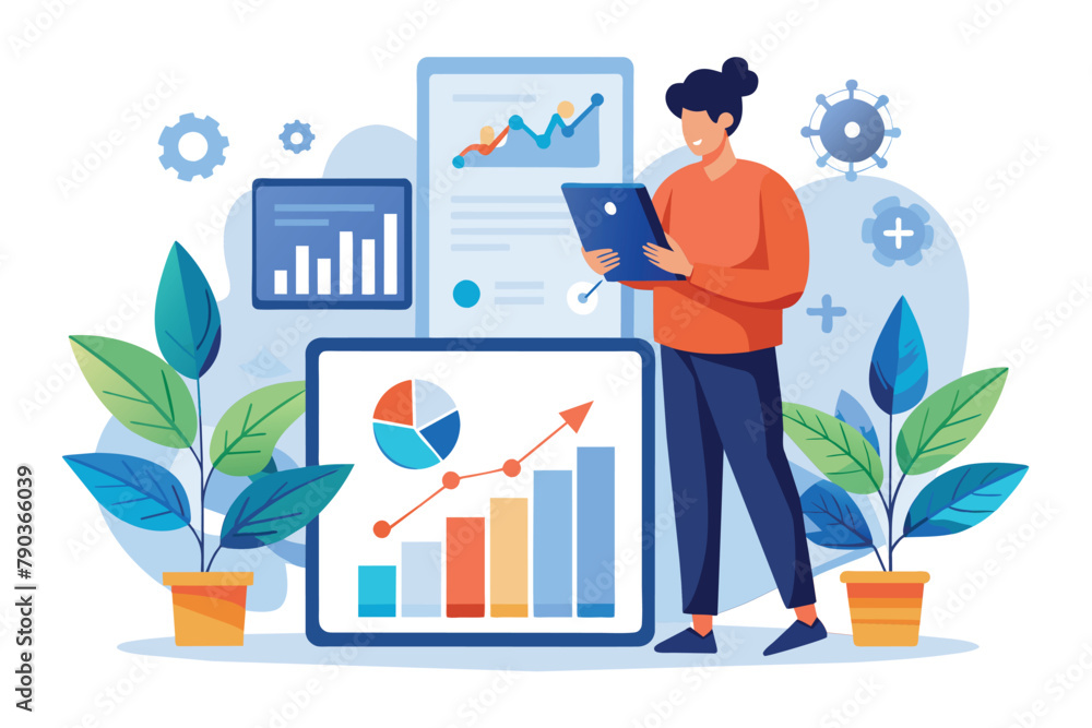 Poster individual standing in front of monitor displaying graphs for data analysis, analyze growth data on 