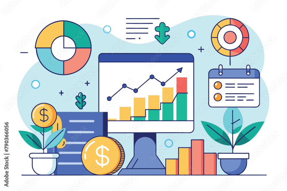 Poster a computer screen showing a simple and minimalist flat vector chart for income analysis, analyze inc