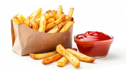 Tasty golden french fries potato snack with red tomato ketchup on white background. AI generated