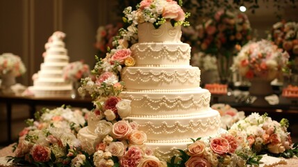 Obraz na płótnie Canvas A large wedding cake with flowers on top of a table, AI