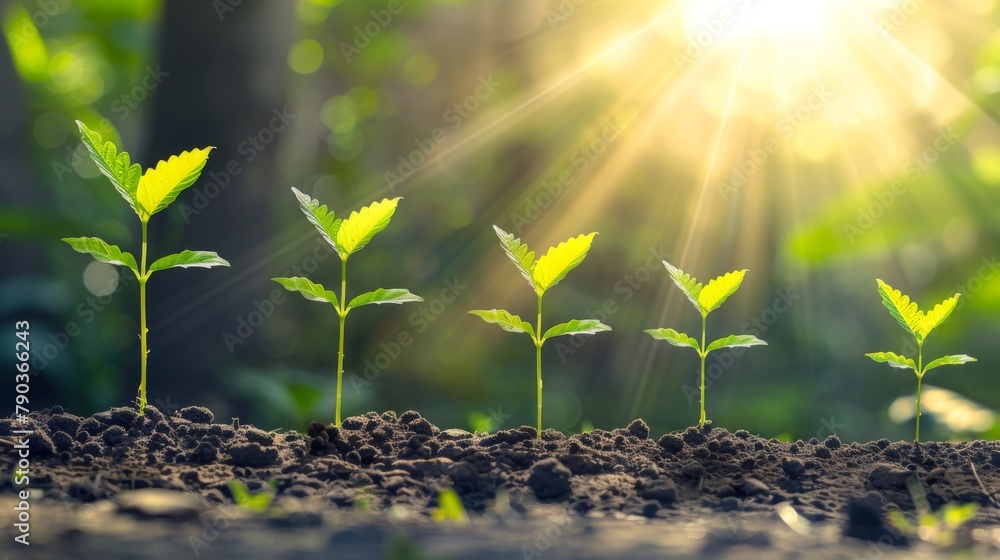 Aufkleber seedling are growing in the soil and light of the sun. planting trees to reduce global warming.
