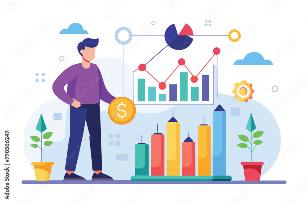 Poster a man standing in front of a chart and examining a coin in a simple and minimalist setting, analyze 