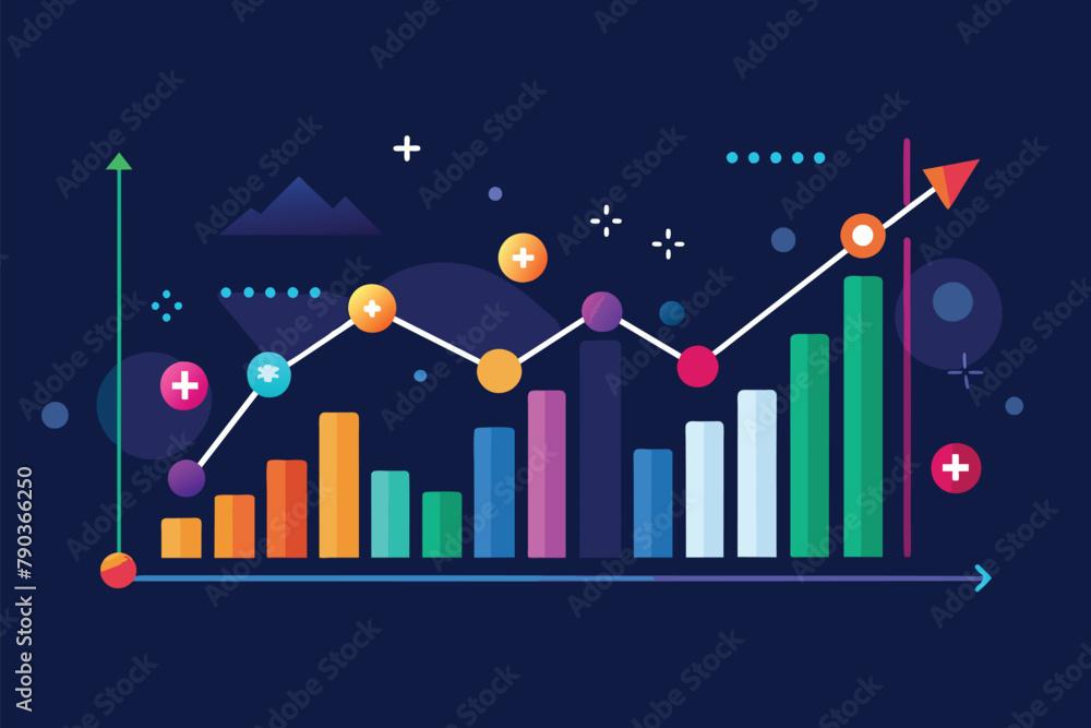 Poster a bar chart featuring vivid colors with arrows moving both upwards and downwards indicating various 