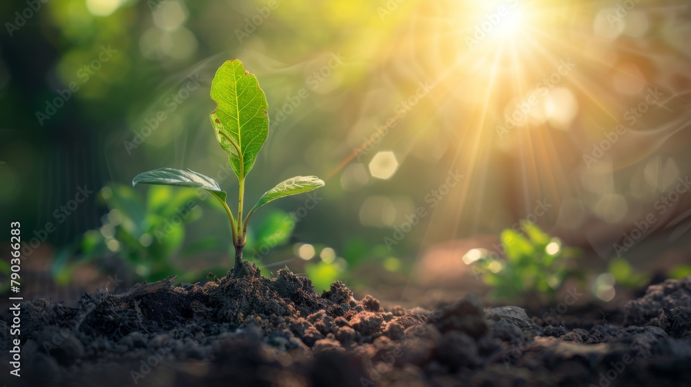 Poster Seedling are growing in the soil and light of the sun. Planting trees to reduce global warming.