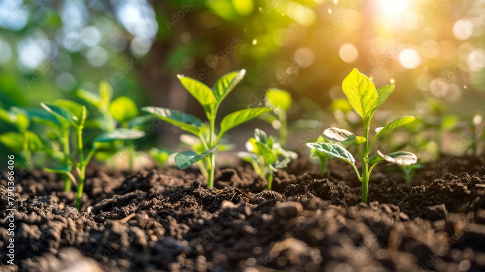 Poster Seedling are growing in the soil and light of the sun. Planting trees to reduce global warming.