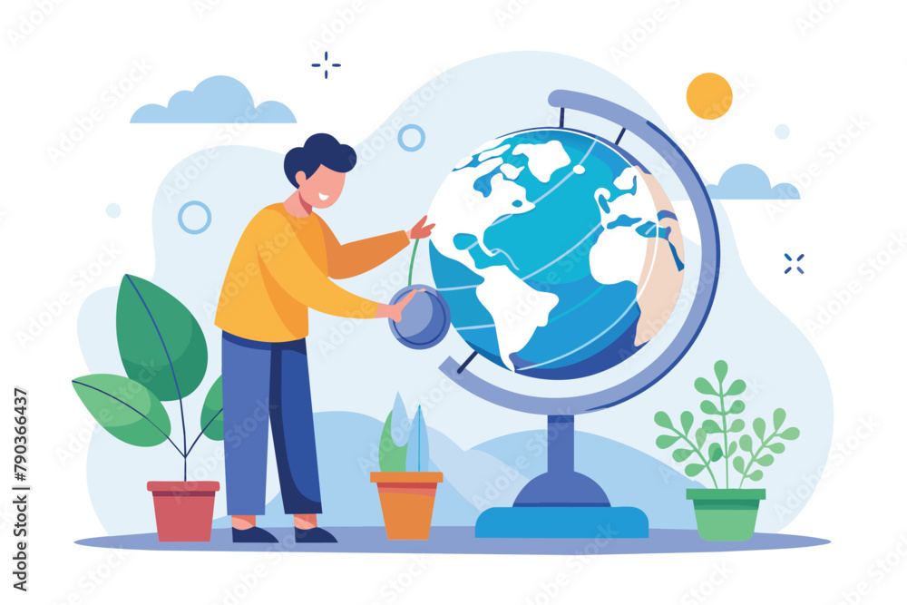 Poster a man stands in front of a large globe, analyzing its features in a minimalist setting, analyzing th