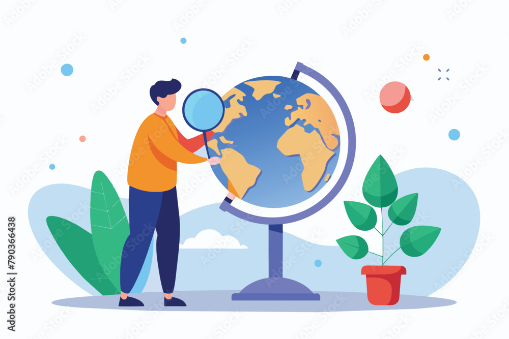 Poster a man examines a globe using a magnifying glass in a simple and minimalist setting, analyzing the gl