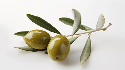 Green olives on branch with green leaves on white background. AI generated image
