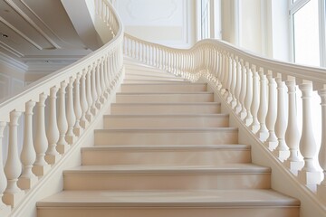 Classic Staircase with Creamy White Finish, Ideal for Real Estate Photography and High-End Property Listings,