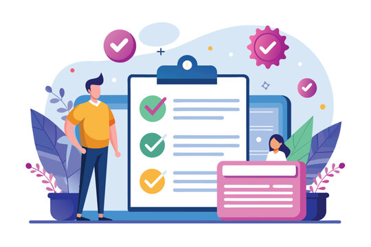 A man stands next to a clipboard with a checklist on it, possibly reviewing or completing tasks, Approval of employment contracts online, Simple and minimalist flat Vector Illustration