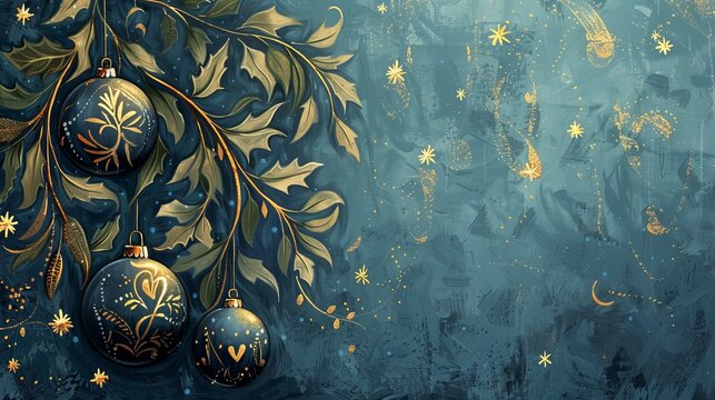 christmas holly, ornaments and lights art deco in blue and gold, card, poster