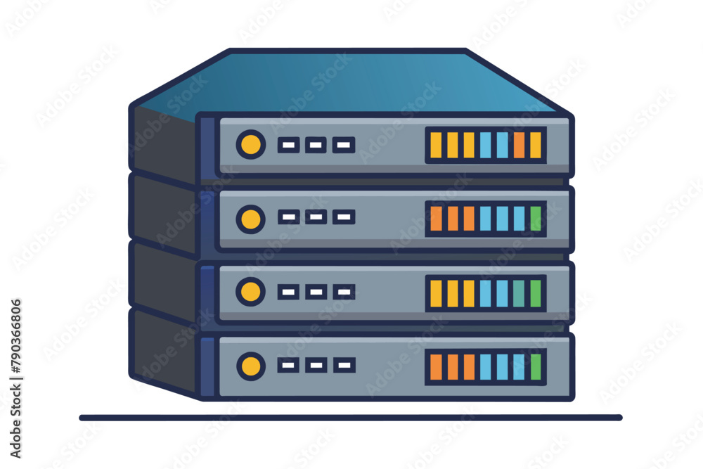 Poster various servers stacked on top of each other, each in a different color, against a plain background,