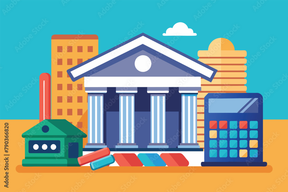 Aufkleber a building with a calculator placed in front of it, bank building with calculator and safe, simple a