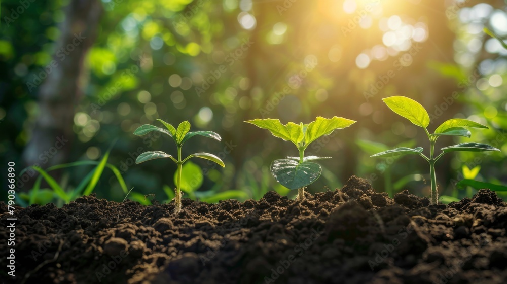 Poster Seedling are growing in the soil with sunlight.The world wide platform to plant trees.Planting trees to reduce global warming.