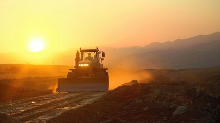 Bulldozer on a construction site at sunset - A bulldozer in action at a construction site against the backdrop of a setting sun, showcasing construction, development, and end-of-day work