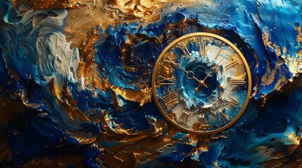 art deco painting with clock in blue and gold, background, backdrop