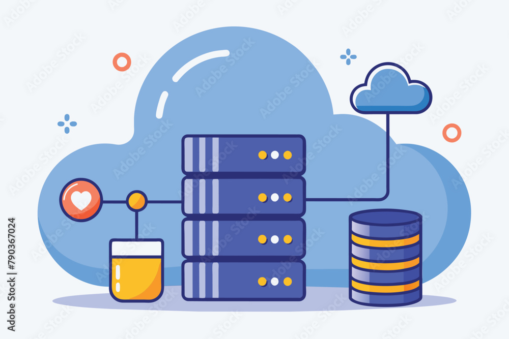 Poster a stack of data with a cloud hovering above it, illustrating cloud storage and data backup concept, 