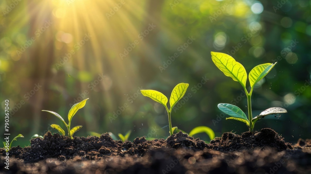 Poster seedling are growing in the soil with sunlight.the world wide platform to plant trees.planting trees