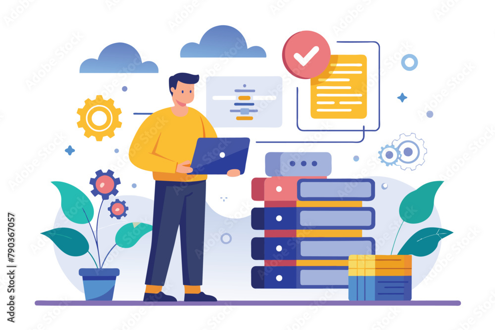 Aufkleber a man stands facing a tall stack of books in a room, big data management concepts backup service tec