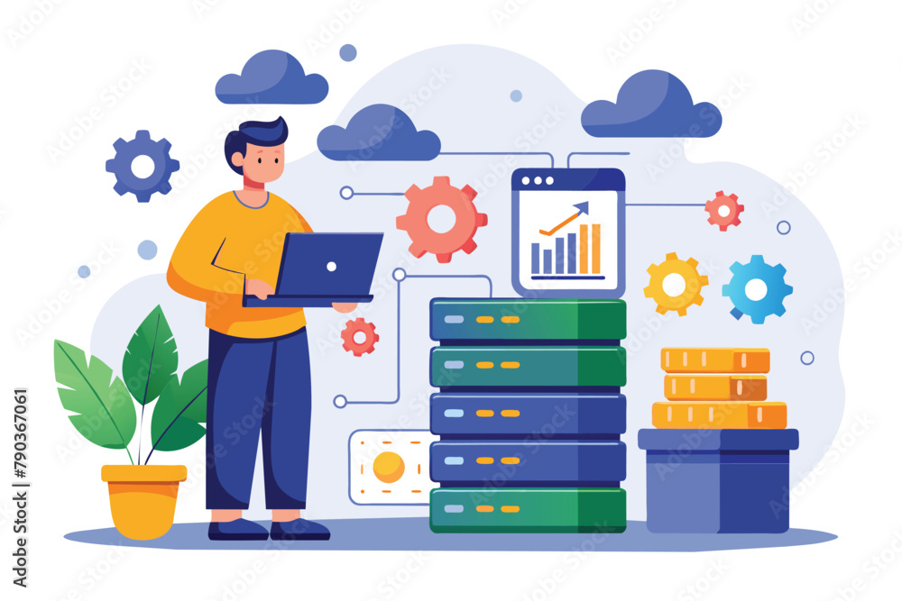 Poster man standing in front of stack of data, big data management concepts backup service technician, simp