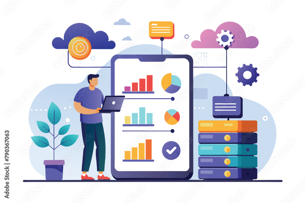 Poster a man stands in front of a tablet displaying various graphs for analysis and decision-making, big da