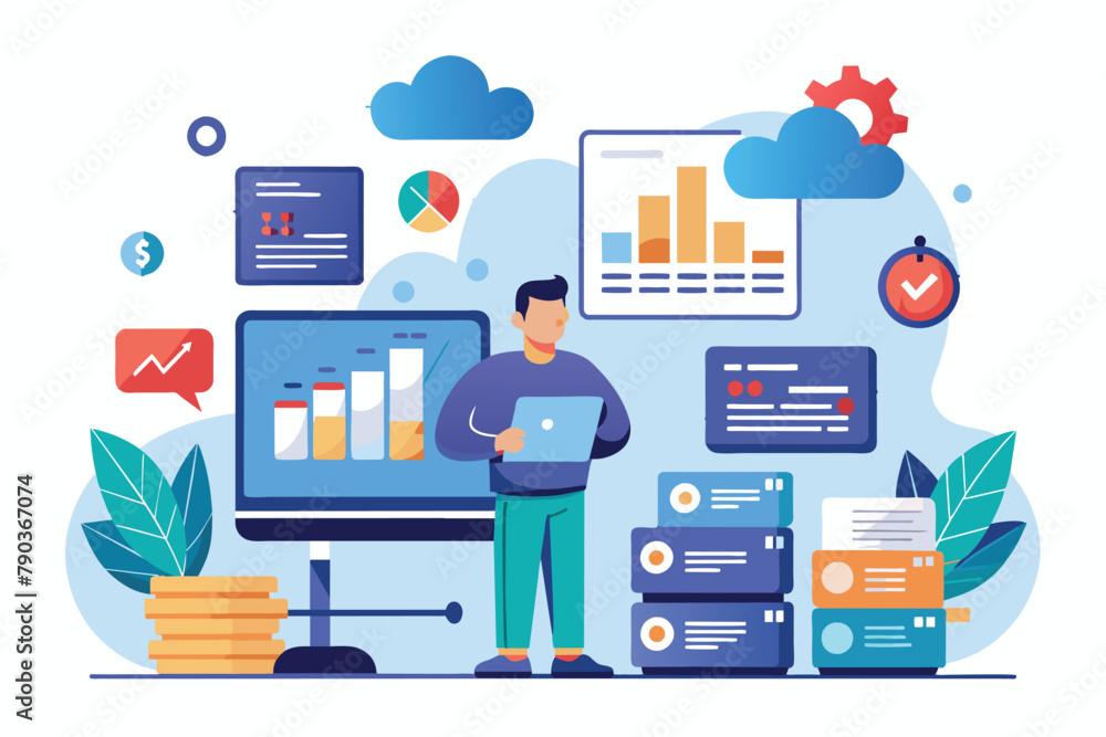 Poster a man is standing in front of a computer screen, focused on his work or task, data management, simpl