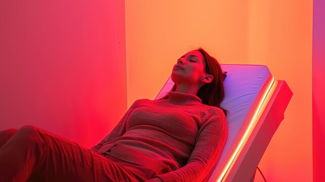 Woman relaxing with glowing cubes and VR - A contemporary image showing a woman relaxing with virtual reality and neon lighting, signifying relaxation and technology
